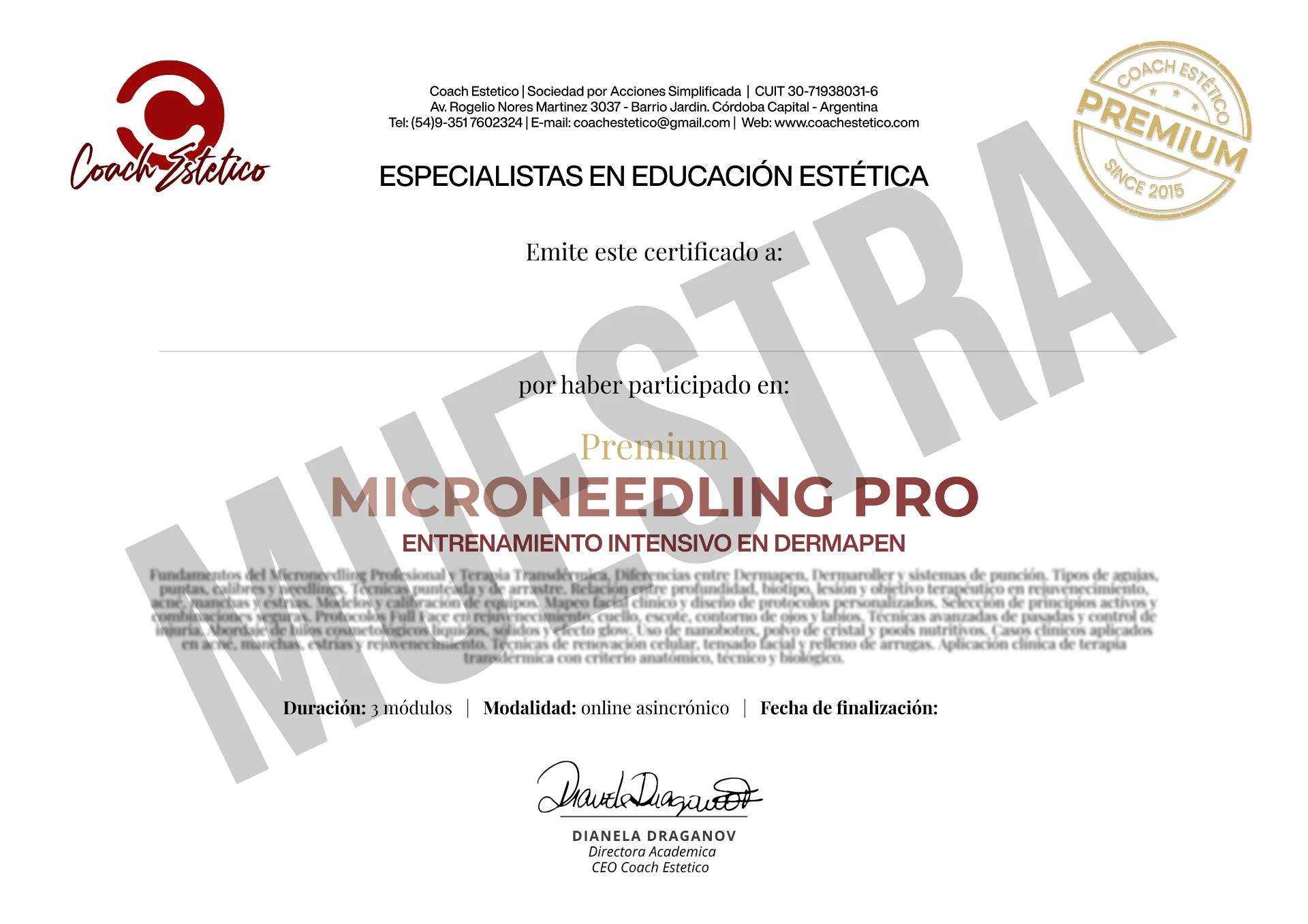 Certificado digital de participación emitido por Coach Estético